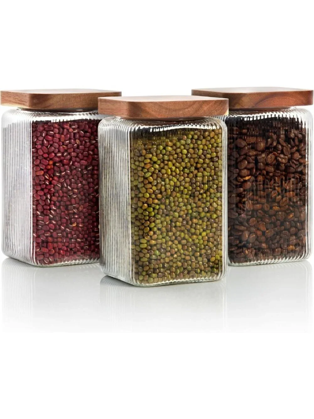 Ribbed Glass Square Jars with Wooden Lids - Set of 3 Airtight Storage Canisters